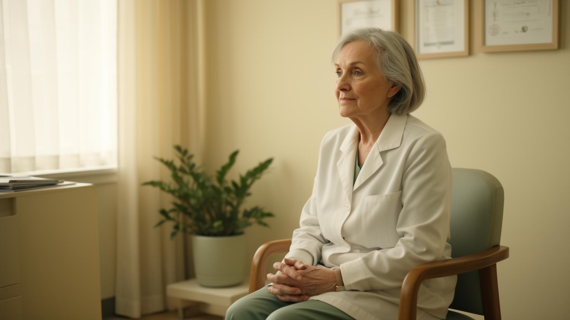 An older woman seated in a softly lit consultation space