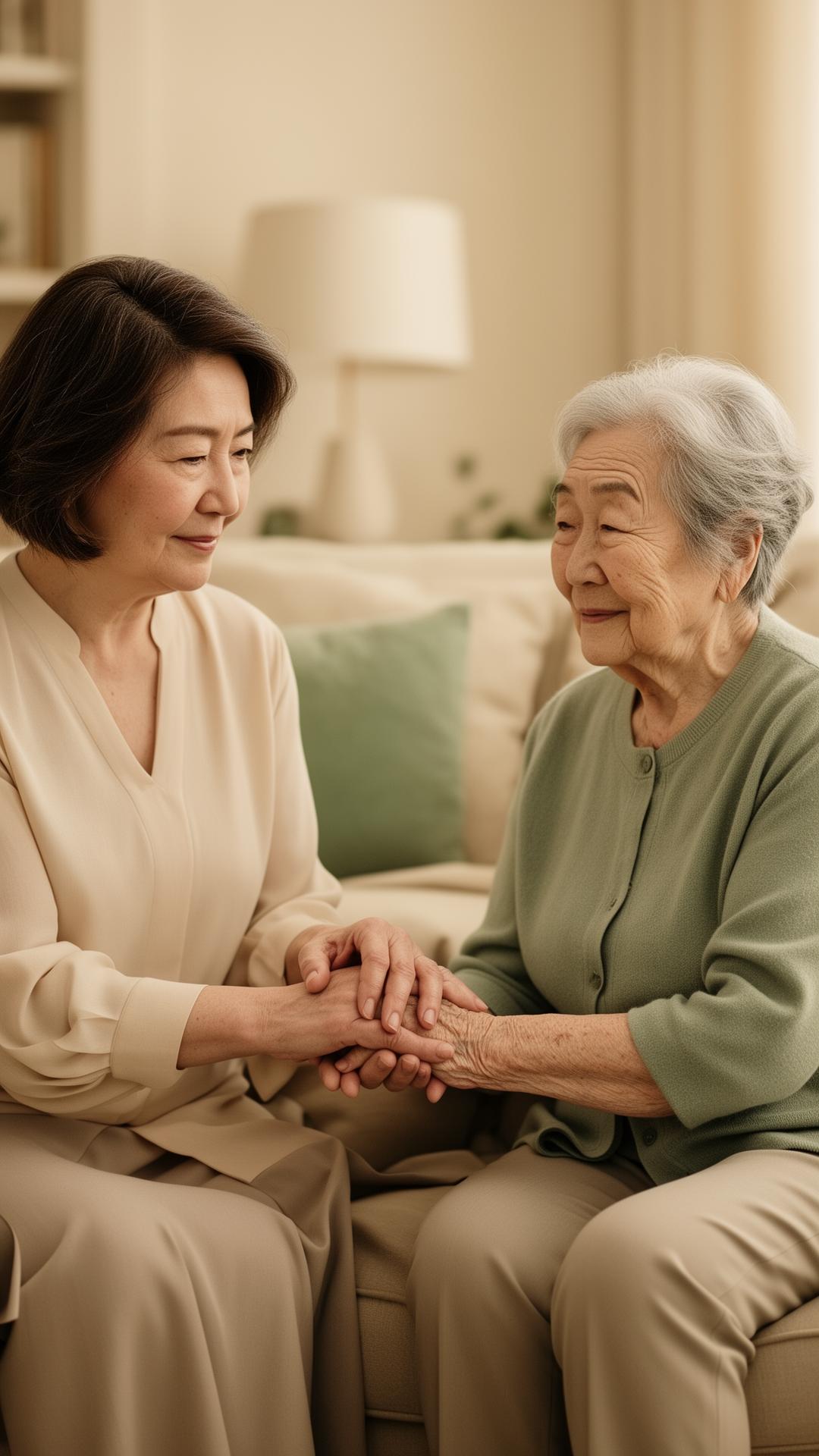 An adult daughter holding her elderly mother's hand