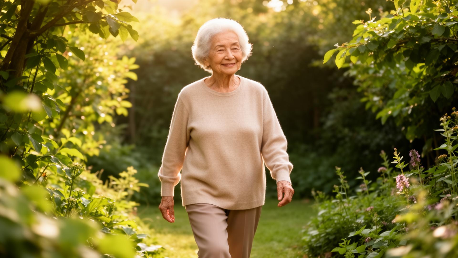 An older woman walking in a sunlit garden